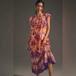 Maeve Anthropologie 2X Boho Floral Maxi Dress Ruffle Sleeve Tiered Cotton
